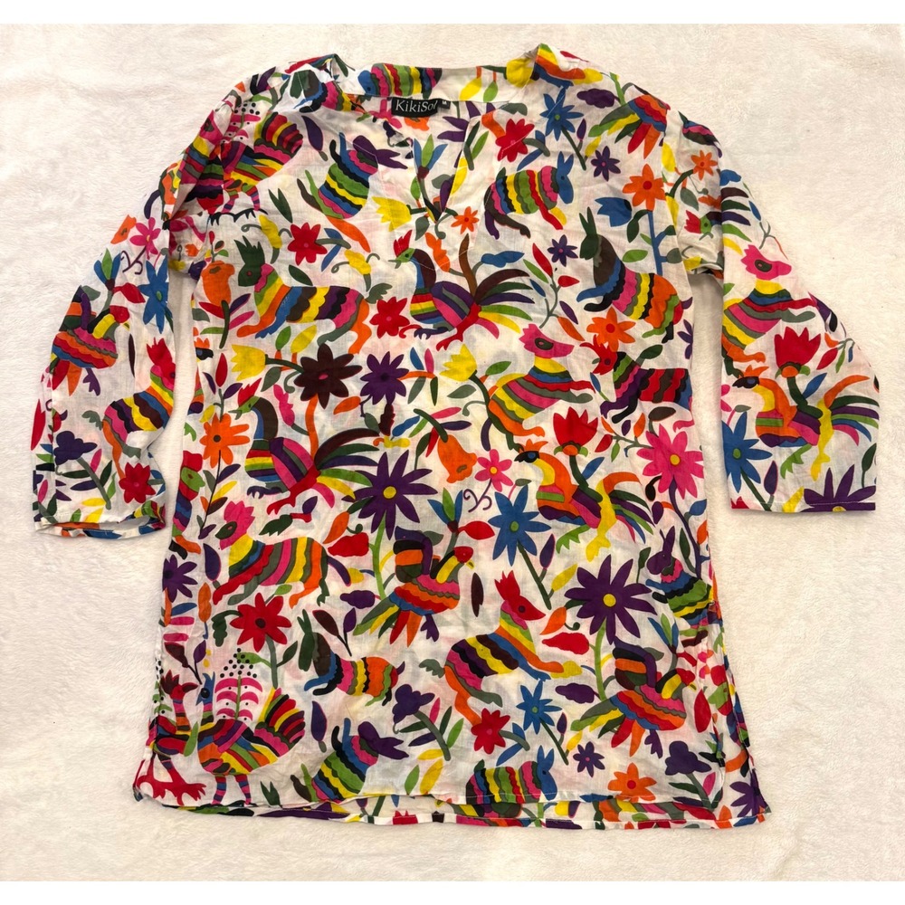 KikiSol Womens Otomi Animal Print Tunic Top V-Neck‎ Multi-Color Boho Blouse M